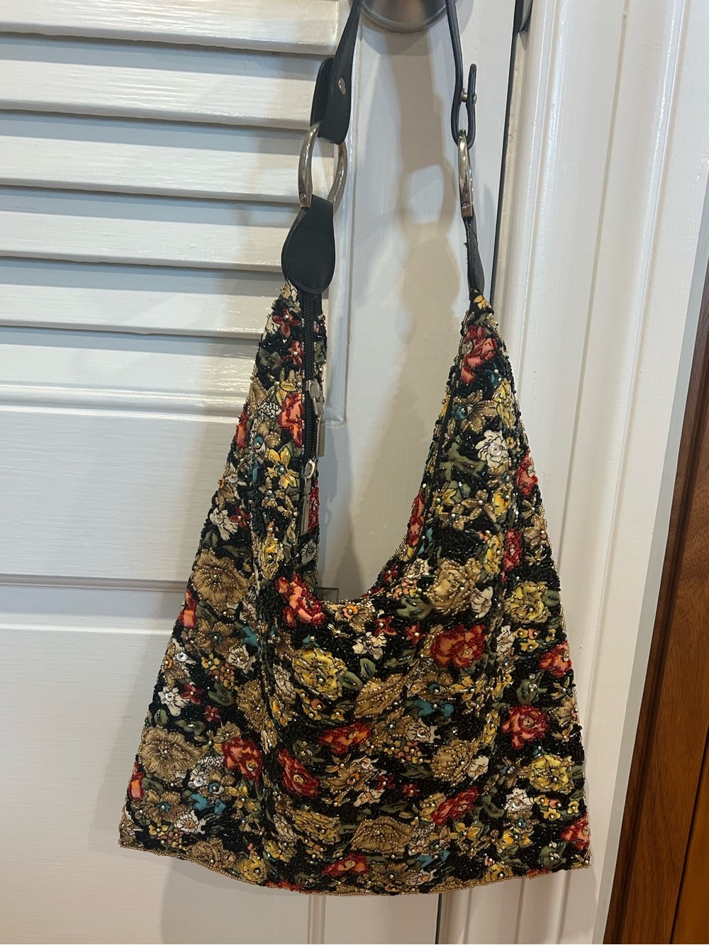 Floral Embroidered Shoulder Hobo Bag in Black and Multicolor